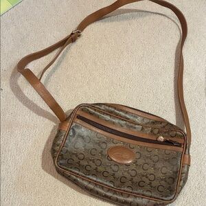 Celine Macadam coated canvas shoulder bag with brown leather trim👝